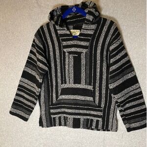 Iguana Jack Mens Baja Hoodie Black Gray Striped Pullover Hooded‎ Sweatshirt M